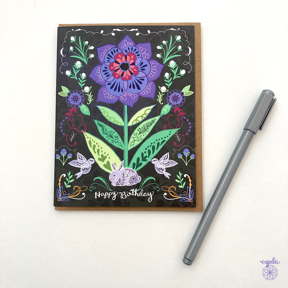 Purple flower greeting card - bunny birthday flowers card – Cynla