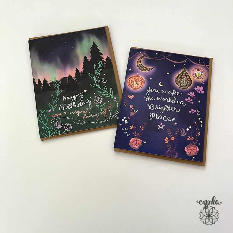 Aurora Birthday Greeting Card -birthday card stars glow