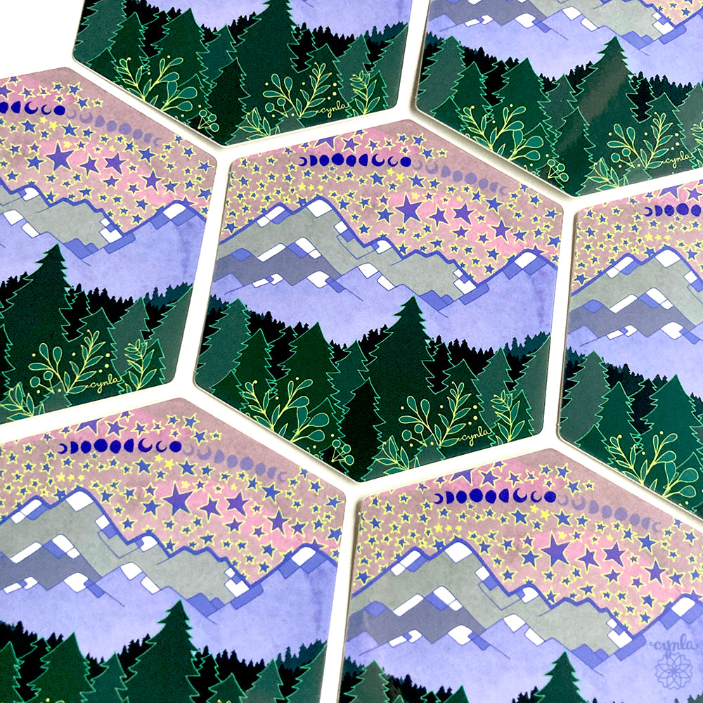 Starry Mountain Birthday Card - glowing stars moon mountain woodland nature lover hiker