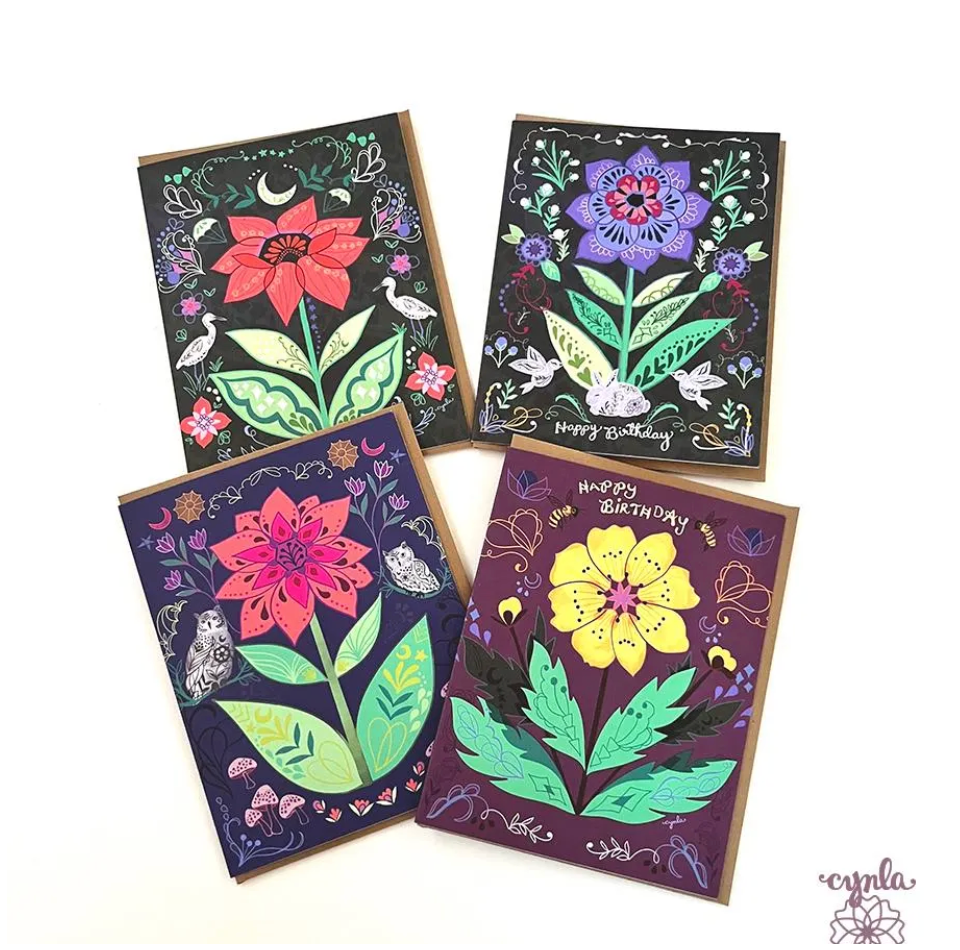 Yellow Flower Birthday Card - pretty floral purple bees