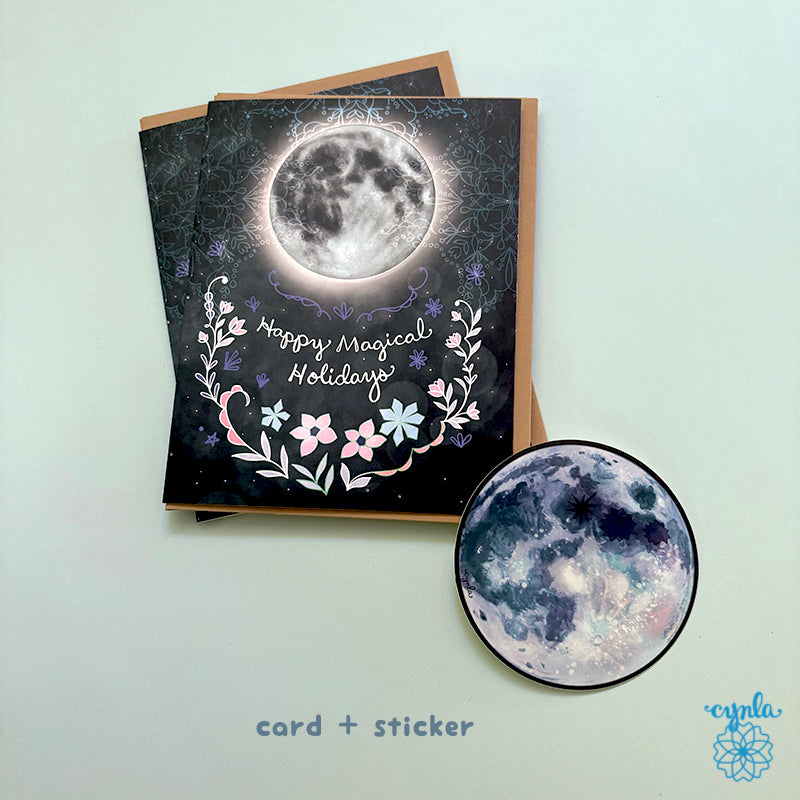 Full Moon Holiday Card set - magical holiday art full moon december 2027 celestial solstice greeting card starry winter mystical non religious