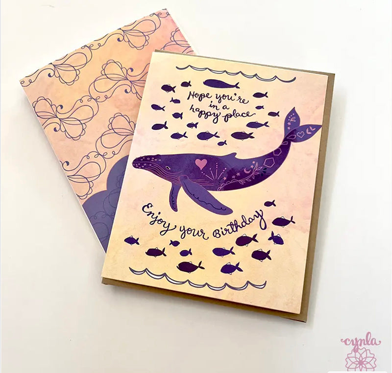 Greeting card with whale design and text on a light background. whale happy place card birthday. beautiful greeting cards cynla