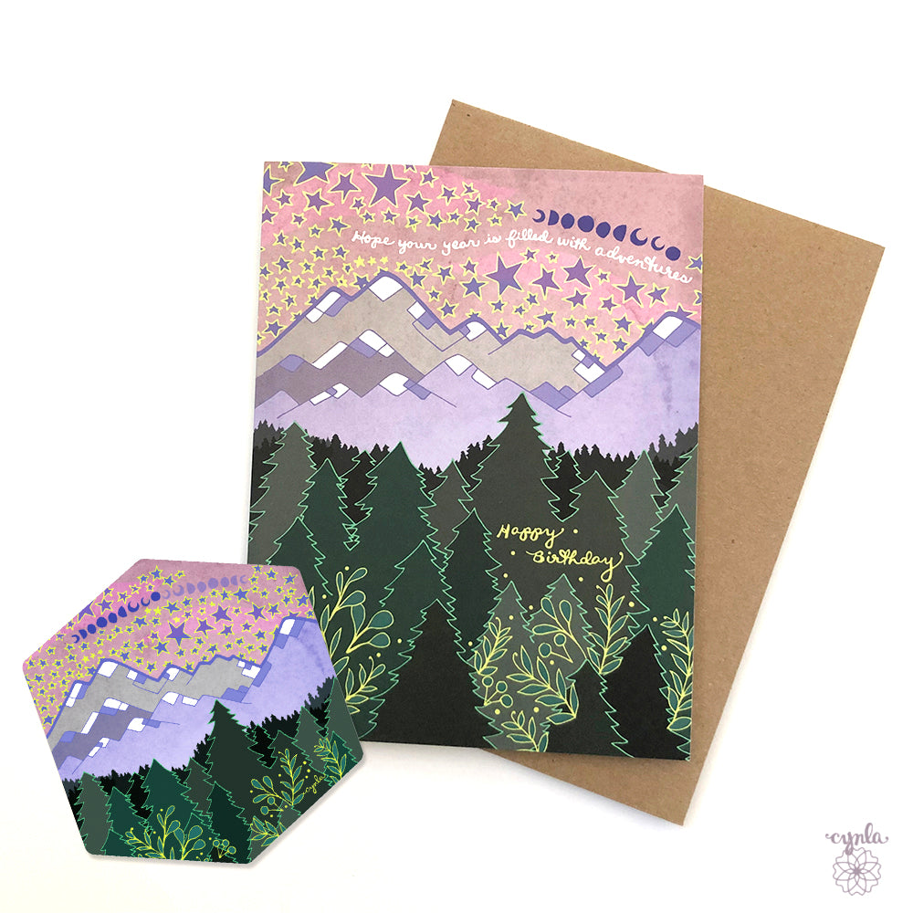 Starry Mountain Birthday Card - glowing stars moon mountain woodland nature lover hiker