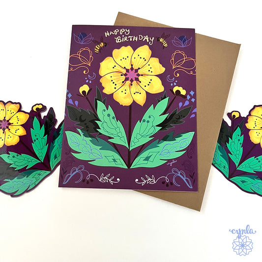 Yellow Flower Birthday Card - pretty floral purple bees