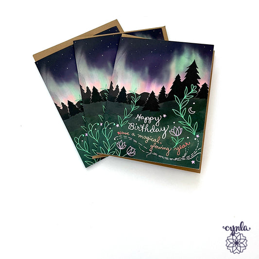 birthday cards with Northern Lights design and 'Happy Birthday' text. aurora greeting card magical nature art by Cynla - Cindy LaColla copyrighted art