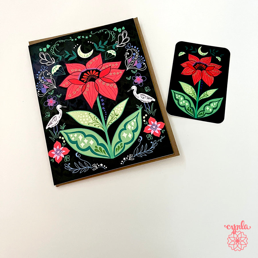Red Flower Card - nature floral notecards, cranes blank friendship moon