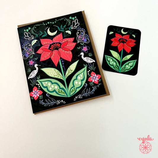 Red Flower Card - nature floral notecards, cranes blank friendship moon