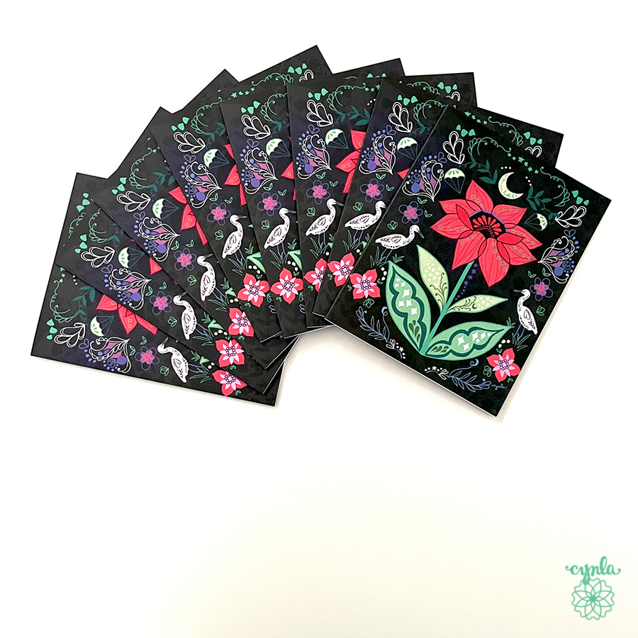 Red Flower Card - nature floral notecards, cranes blank friendship moon