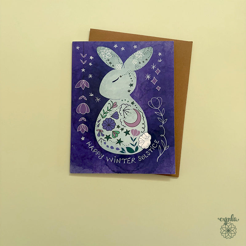 Winter Solstice Bunny Card - holiday card moon rabbit yuletide pretty solstice greeting card starry artsy holiday art peace