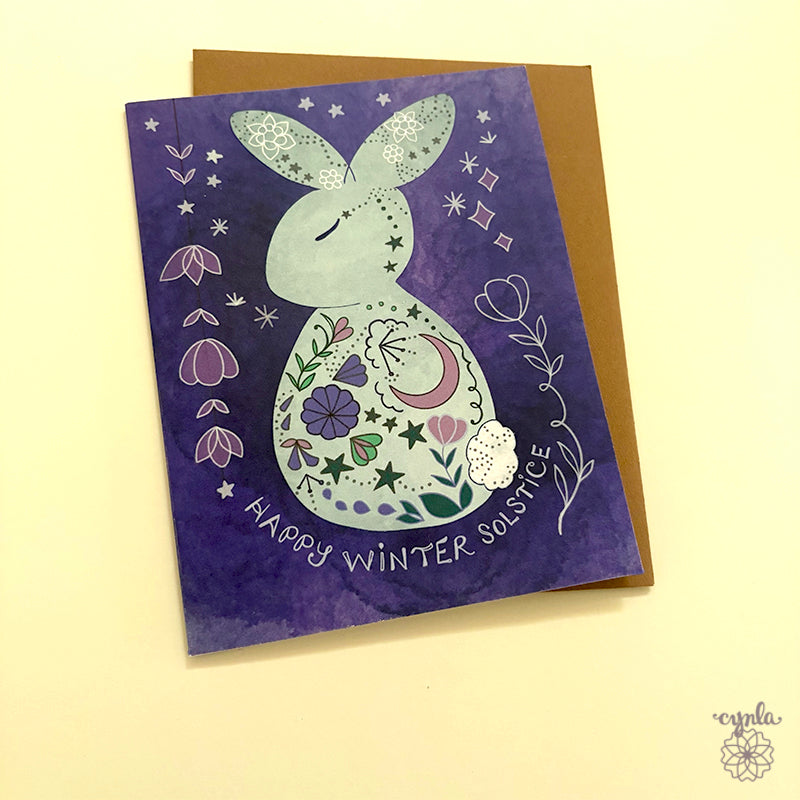 Winter Solstice Bunny Card - holiday card moon rabbit yuletide pretty solstice greeting card starry artsy holiday art peace