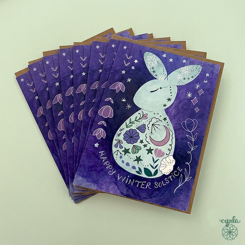 Winter Solstice Bunny Card - holiday card moon rabbit yuletide pretty solstice greeting card starry artsy holiday art peace