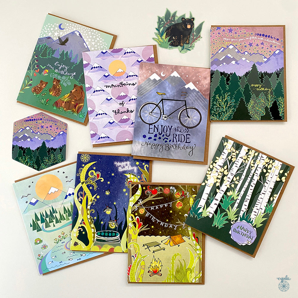 Starry Mountain Birthday Card - glowing stars moon mountain woodland nature lover hiker