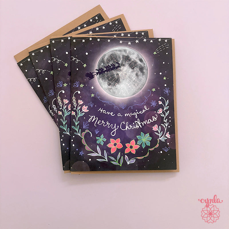 Full moon Christmas Card Santa Sleigh - boxed set happy Christmas card starry magical family card poinsettia celestial holiday art