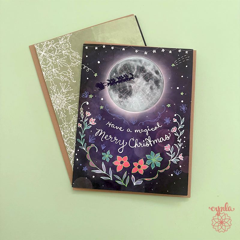 Full moon Christmas Card Santa Sleigh - boxed set happy Christmas card starry magical family card poinsettia celestial holiday art