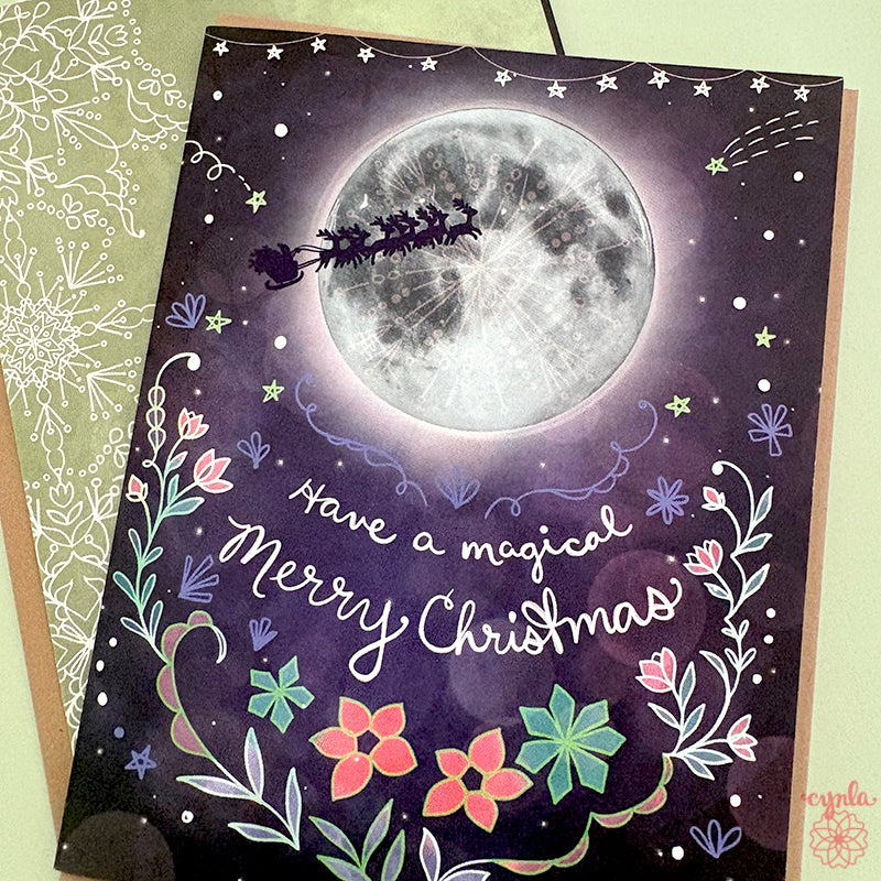 Full moon Christmas Card Santa Sleigh - boxed set happy Christmas card starry magical family card poinsettia celestial holiday art