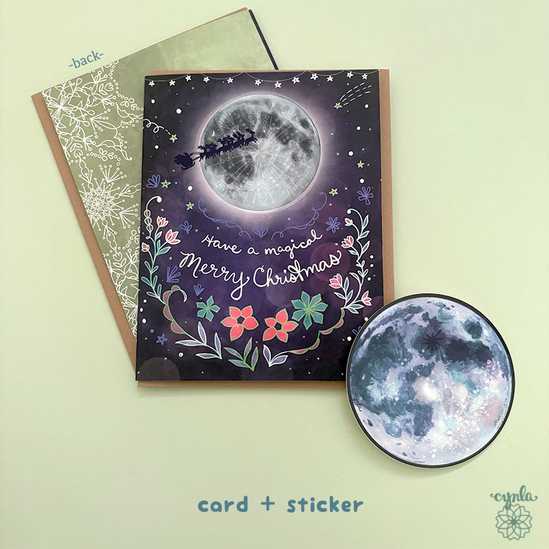 Full moon Christmas Card Santa Sleigh - boxed set happy Christmas card starry magical family card poinsettia celestial holiday art
