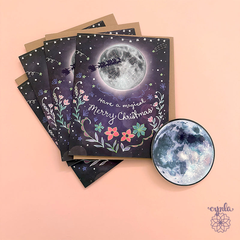 Full moon Christmas Card Santa Sleigh - boxed set happy Christmas card starry magical family card poinsettia celestial holiday art