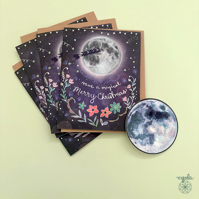 Full moon Christmas Card Santa Sleigh - boxed set happy Christmas card starry magical family card poinsettia celestial holiday art