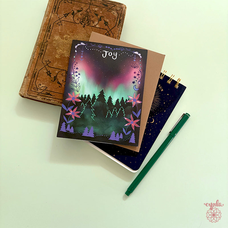Aurora Joy holiday card - hand drawn northern lights starry card mountain nature new year glowing beautiful artsy winter christmas card pine