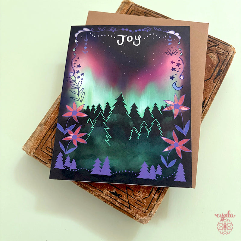 Aurora Joy holiday card - hand drawn northern lights starry card mountain nature new year glowing beautiful artsy winter christmas card pine