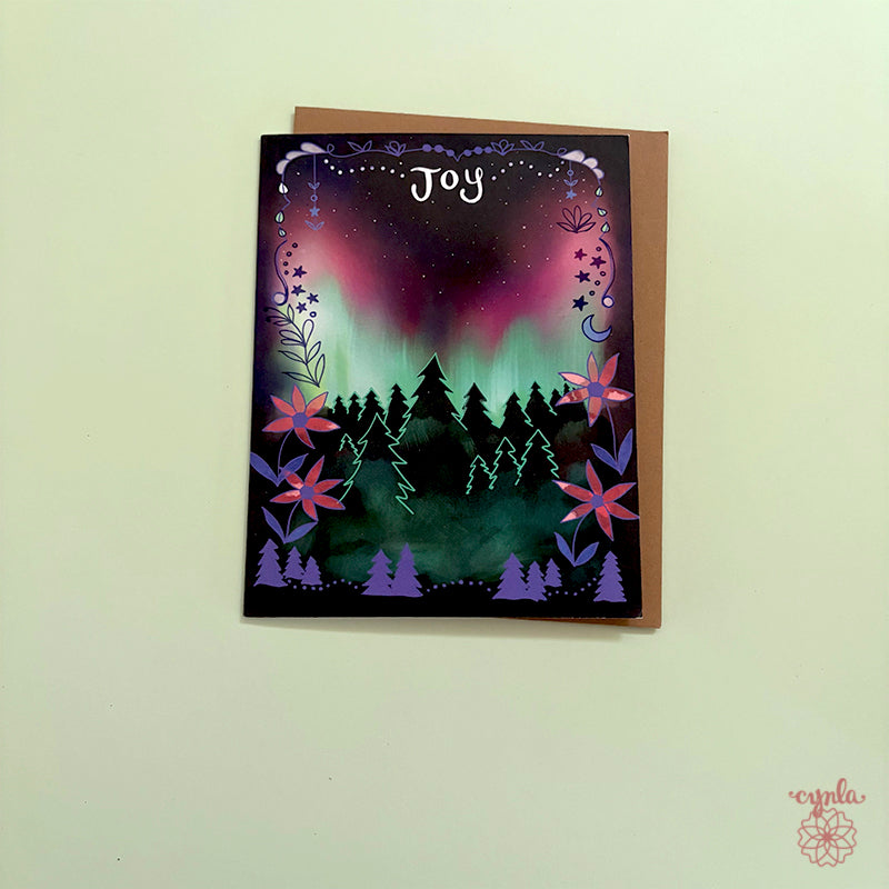 Aurora Joy holiday card - hand drawn northern lights starry card mountain nature new year glowing beautiful artsy winter christmas card pine
