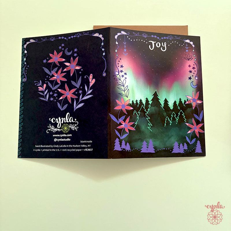 Aurora Joy holiday card - hand drawn northern lights starry card mountain nature new year glowing beautiful artsy winter christmas card pine