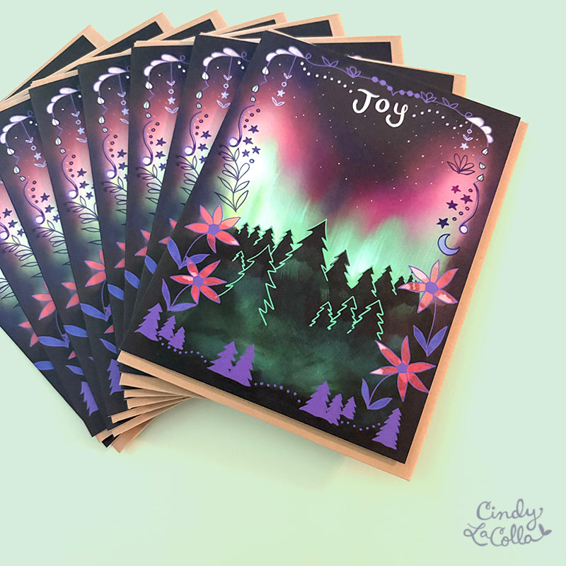 Aurora Joy holiday card - hand drawn northern lights starry card mountain nature new year glowing beautiful artsy winter christmas card pine