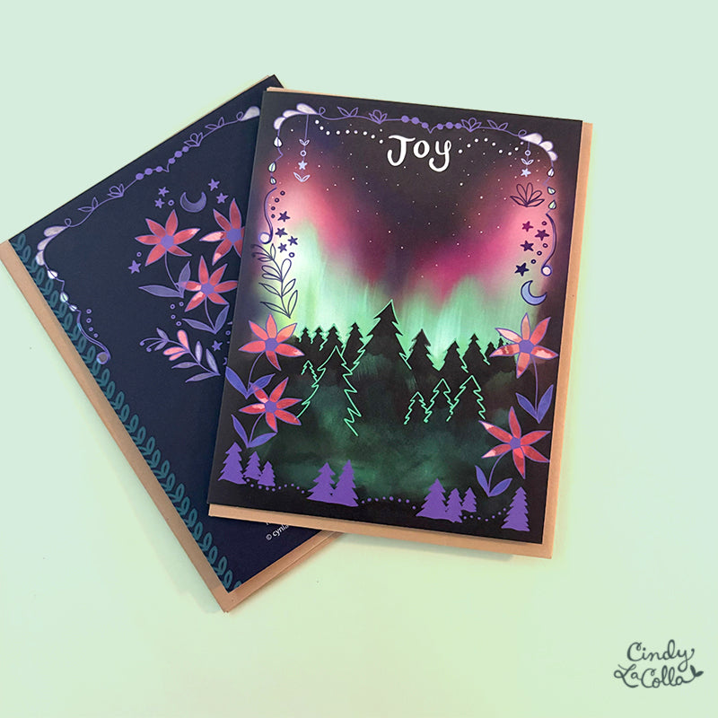 Aurora Joy holiday card - hand drawn northern lights starry card mountain nature new year glowing beautiful artsy winter christmas card pine