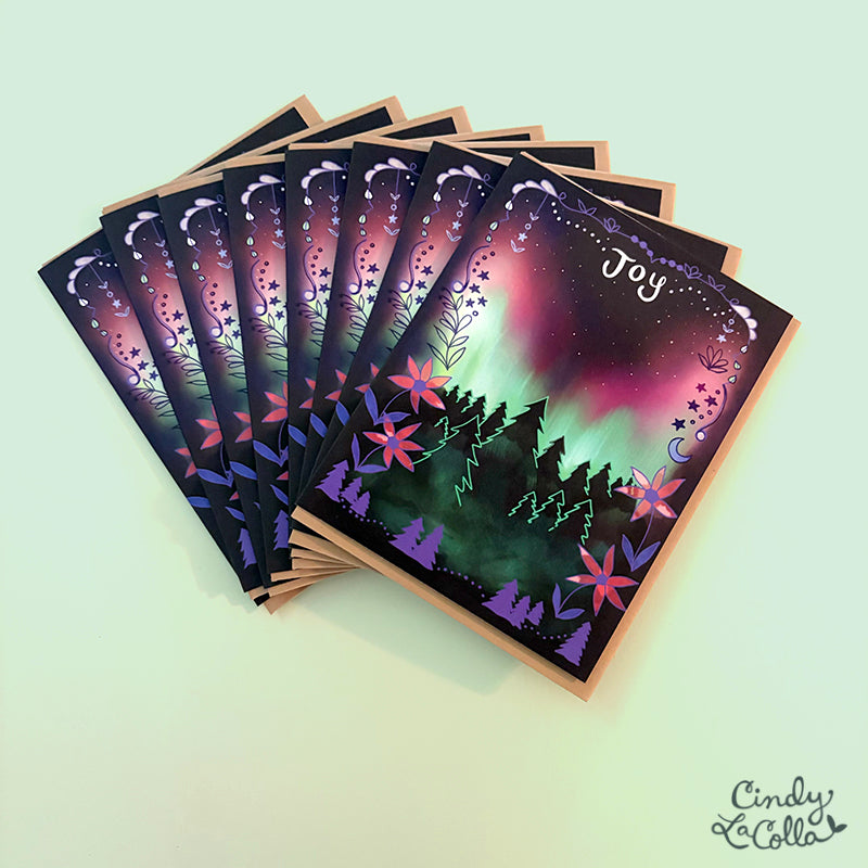 Aurora Joy holiday card - hand drawn northern lights starry card mountain nature new year glowing beautiful artsy winter christmas card pine