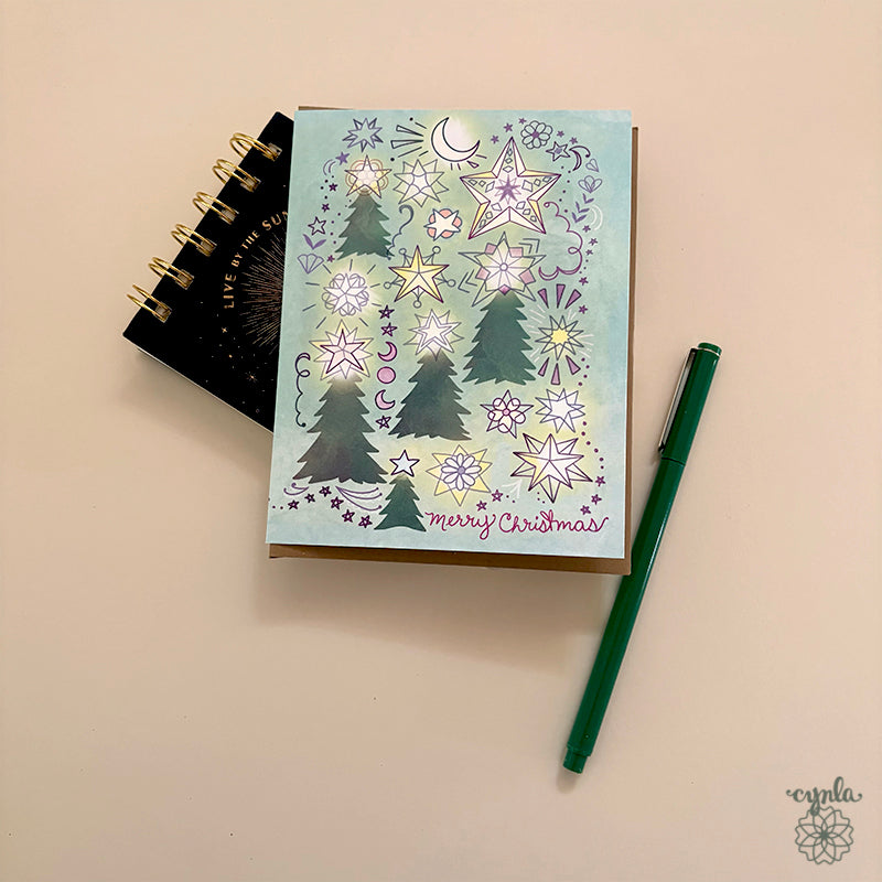 Starry Trees Christmas Card - merry christmas trees starry holiday card glowing light star warm