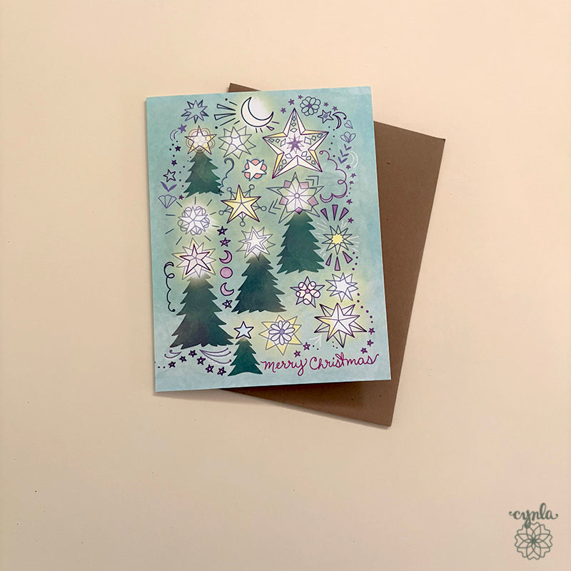 Starry Trees Christmas Card - merry christmas trees starry holiday card glowing light star warm