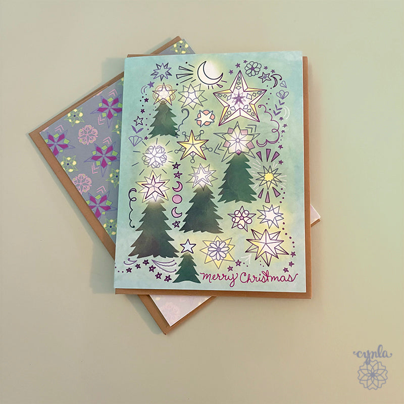 Starry Trees Christmas Card - merry christmas trees starry holiday card glowing light star warm