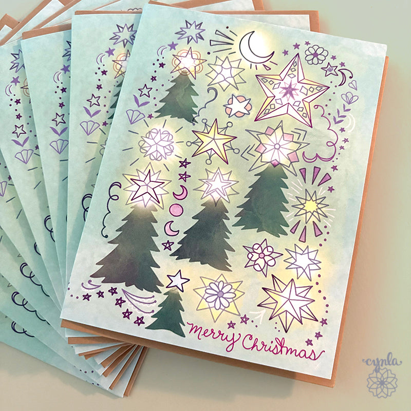 Starry Trees Christmas Card - merry christmas trees starry holiday card glowing light star warm