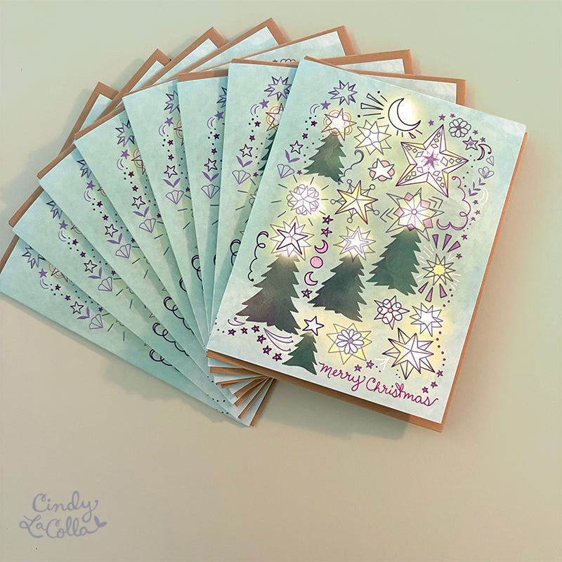 Starry Trees Christmas Card - merry christmas trees starry holiday card glowing light star warm
