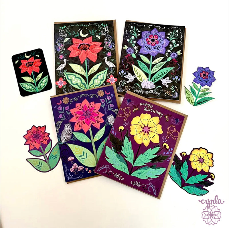 Yellow Flower Birthday Card - pretty floral purple bees