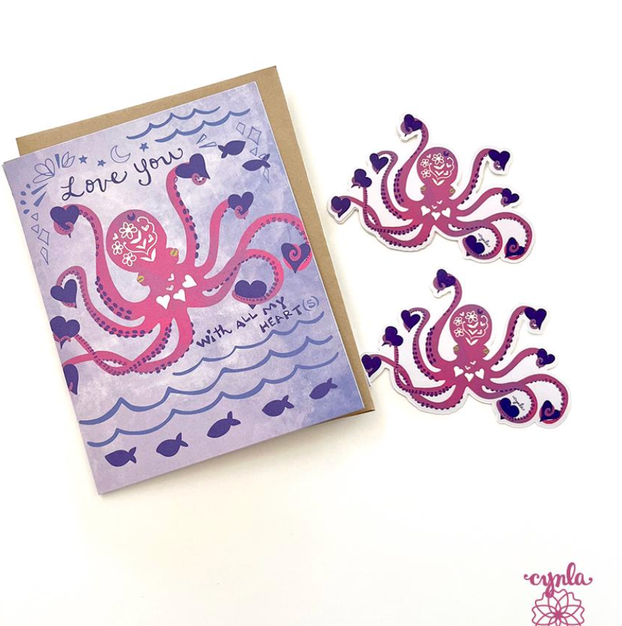 Octopus Hearts Greeting card - love heart animal cards ocean