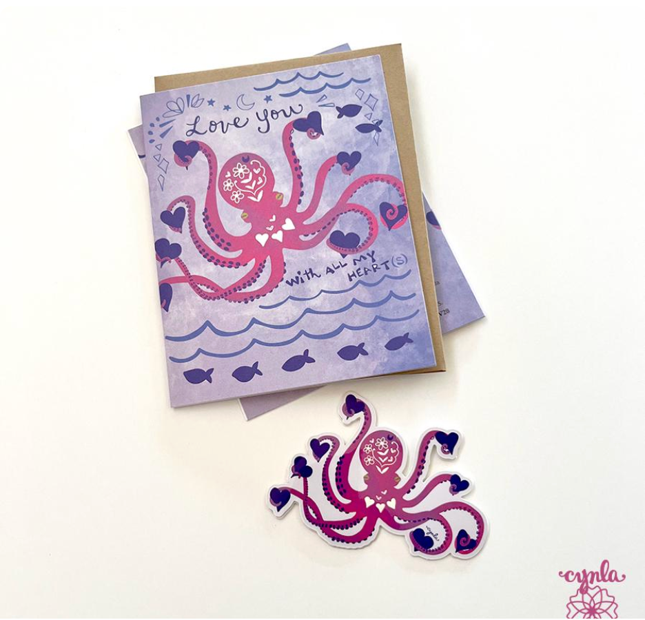 Octopus Hearts Greeting card - love heart animal cards ocean