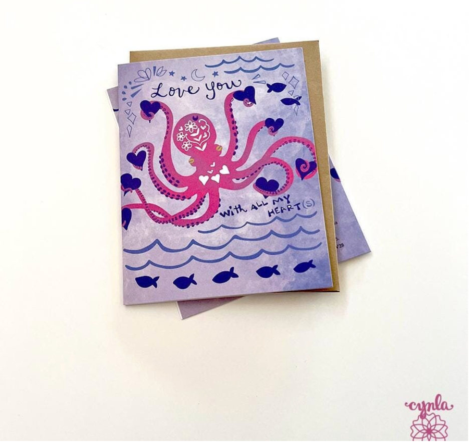 Octopus Hearts Greeting card - love heart animal cards ocean