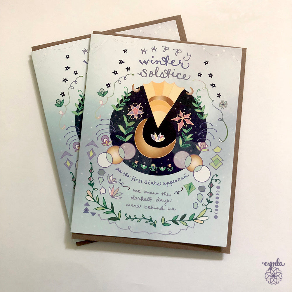 Winter Solstice Card - holiday card sun and moon yuletide solstice greeting card