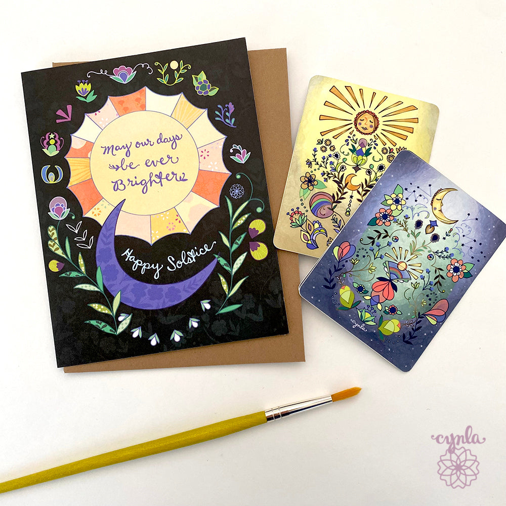 Solstice Greeting Card Set - Ever Brighter Floral Sun and Moon Winter Holiday set of 50-100