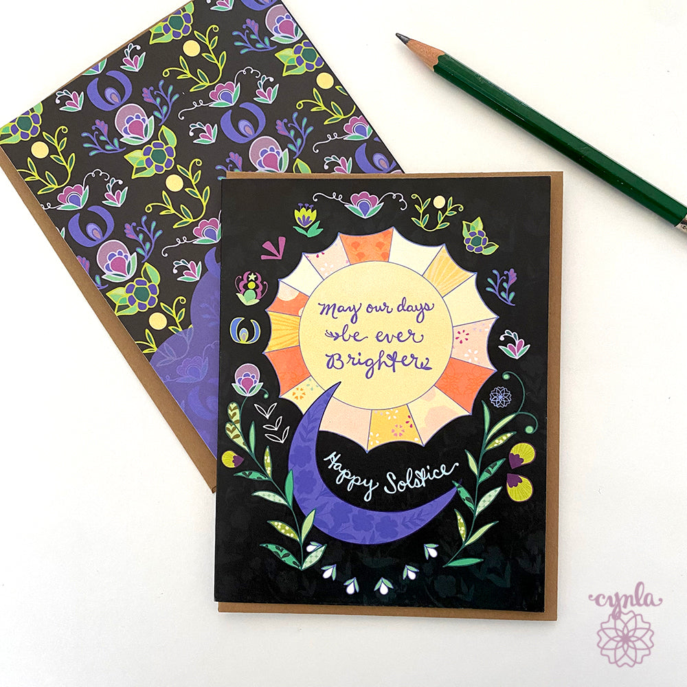 Solstice Greeting Card Set - Ever Brighter Floral Sun and Moon Winter Holiday set of 50-100