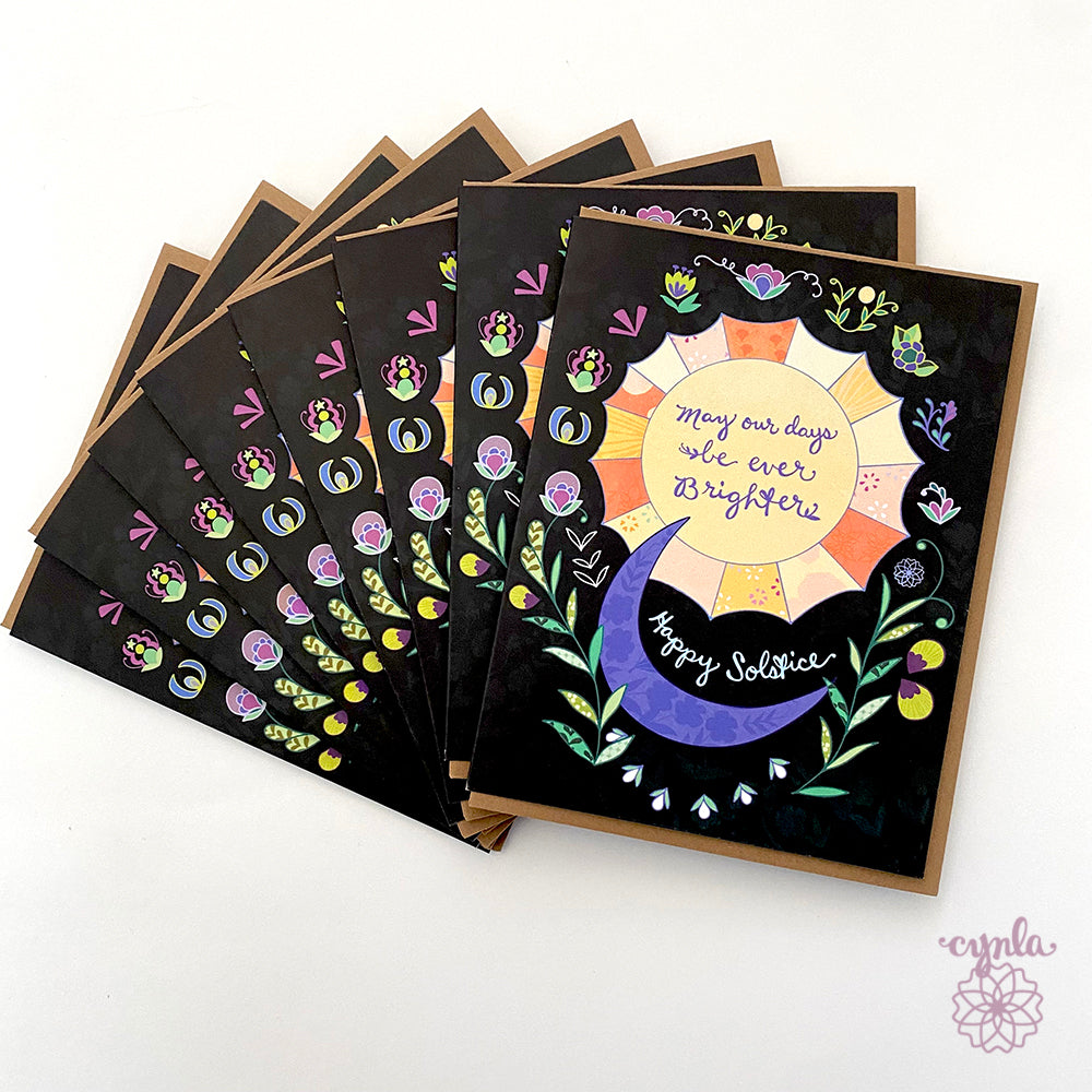 Solstice Greeting Card Set - Ever Brighter Floral Sun and Moon Winter Holiday set of 50-100