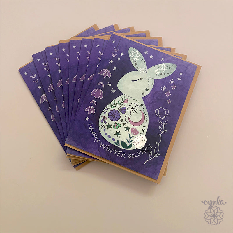 Winter Solstice Bunny Card - holiday card moon rabbit yuletide pretty solstice greeting card starry artsy holiday art peace