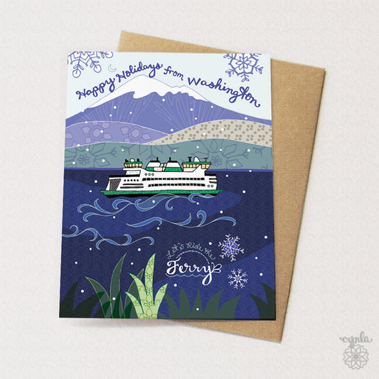 Washington Ferryboat Holiday Cards - ferry holiday card Washington state ocean boat WA mountain greeting cards