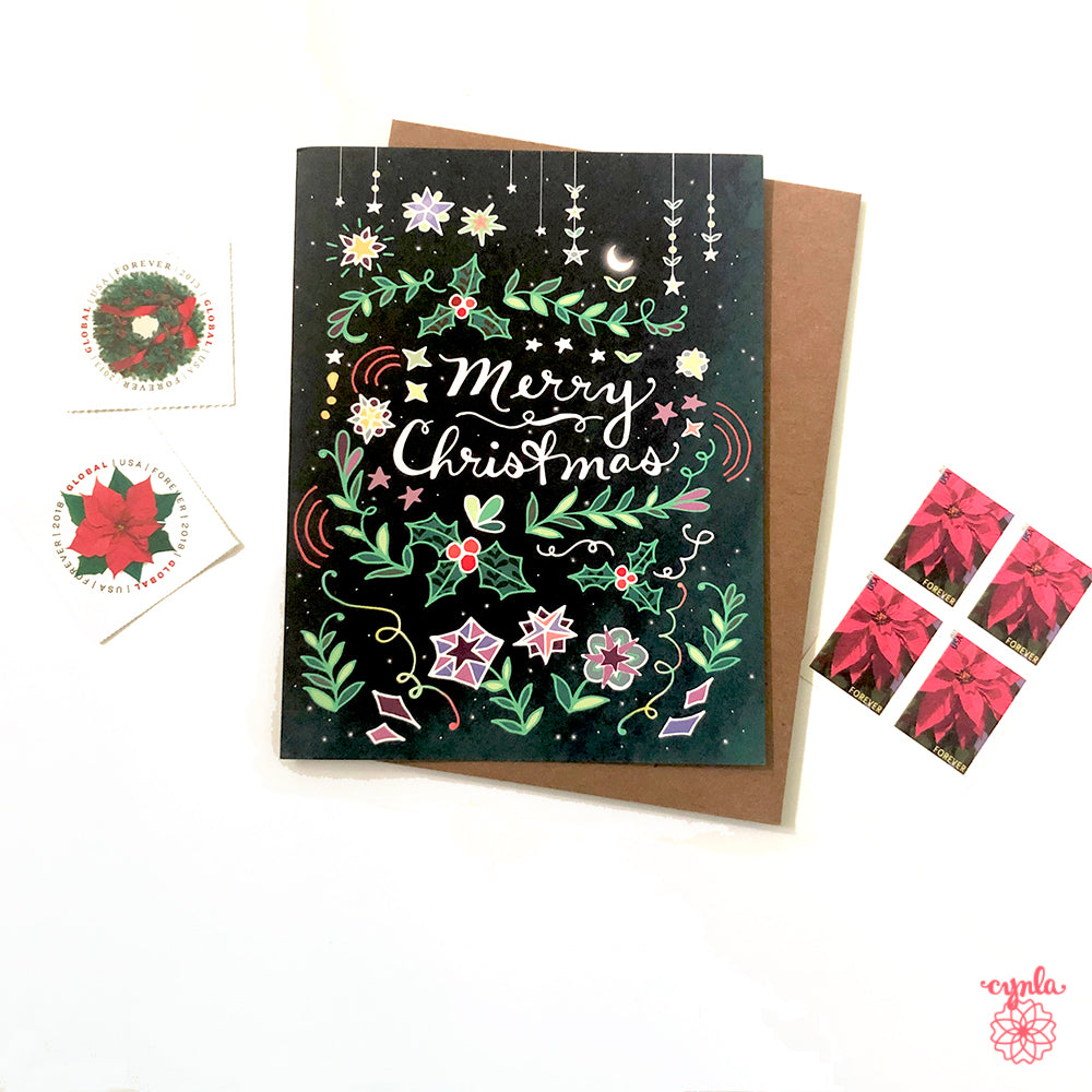 Merry Christmas Card - holiday greeting card pine green holly beautiful art xmas cards for family and friends