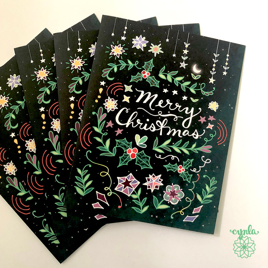 Merry Christmas Card - holiday greeting card pine green holly beautiful art xmas cards for family and friends