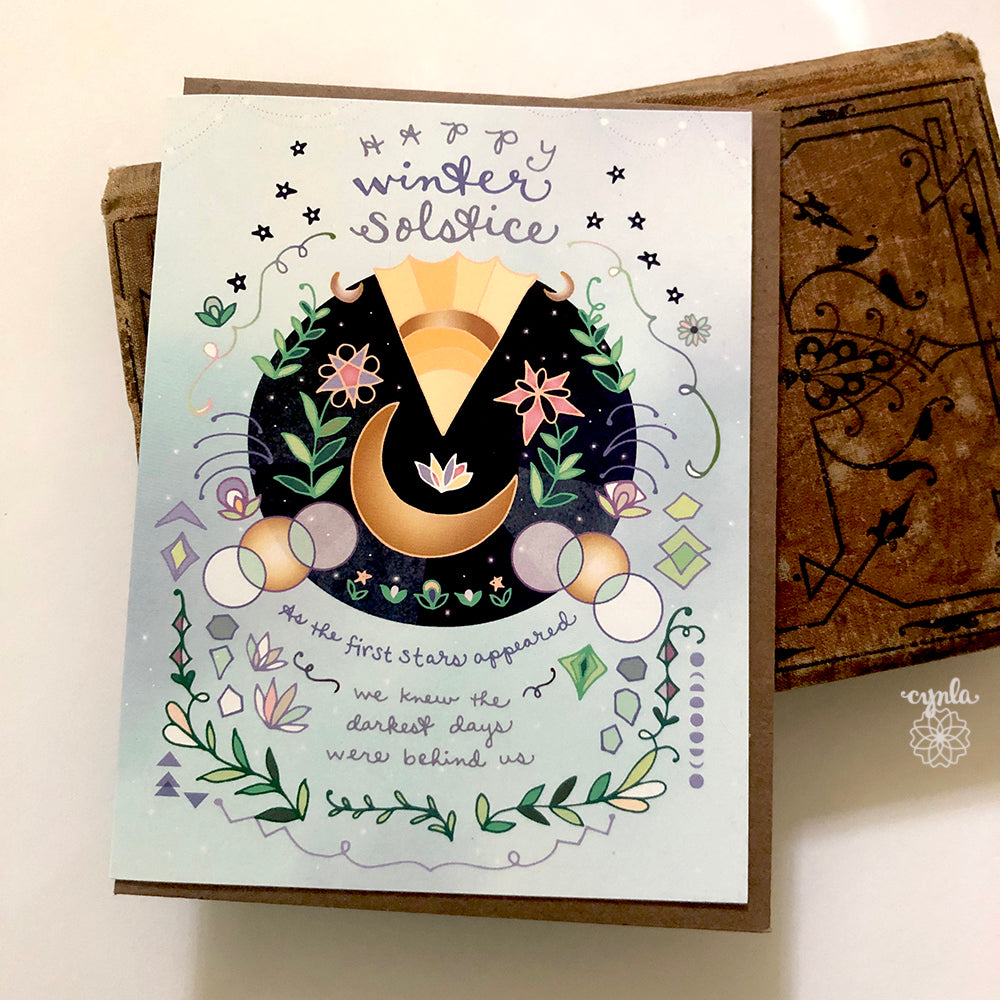 Winter Solstice Card - holiday card sun and moon yuletide solstice greeting card