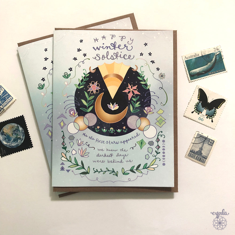 Winter Solstice Card - holiday card sun and moon yuletide solstice greeting card
