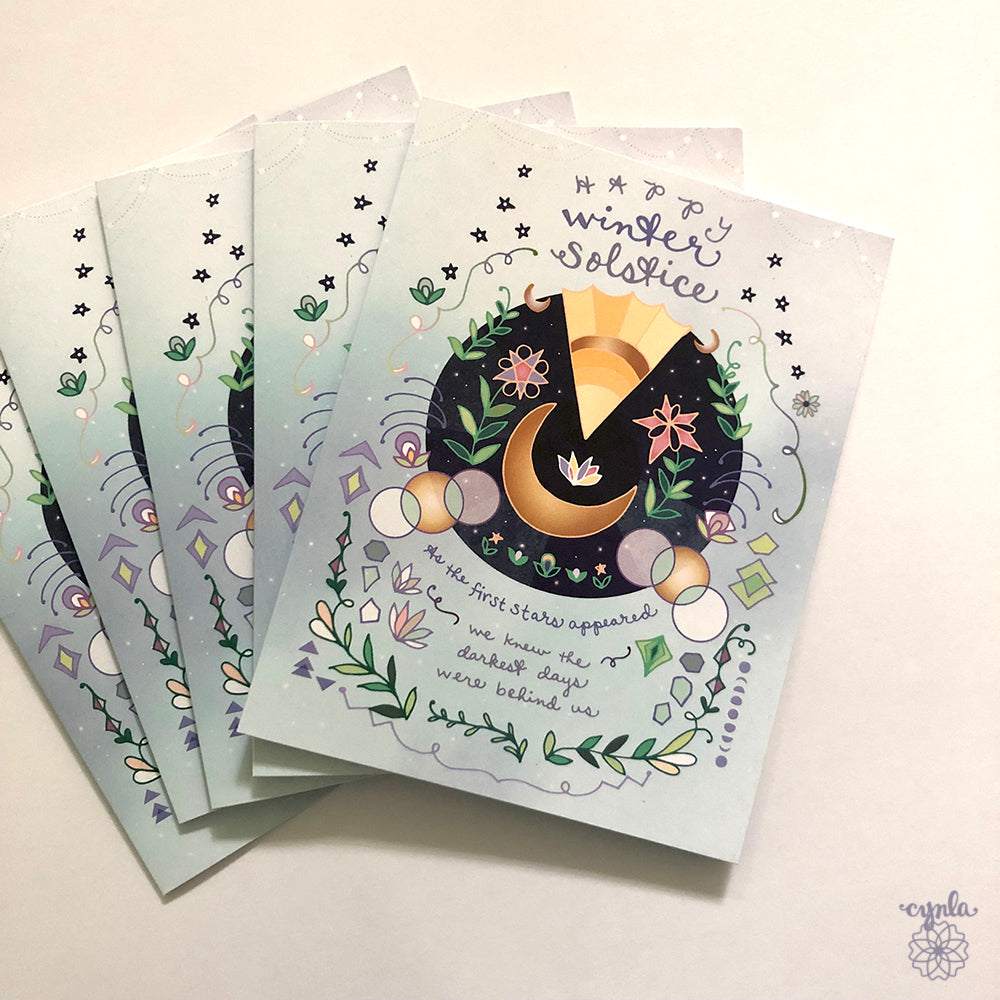 Winter Solstice Card - holiday card sun and moon yuletide solstice greeting card