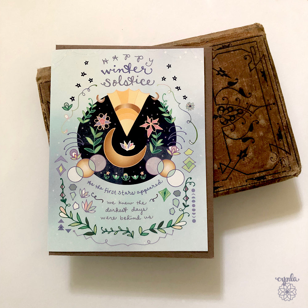 Winter Solstice Card - holiday card sun and moon yuletide solstice greeting card